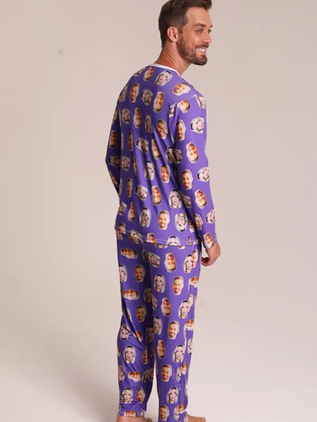 05 pijama casal personalizado com foto longo roxo m g
