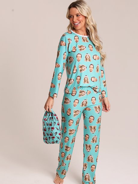 15 pijama casal personalizado com foto longo turquesa