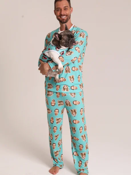 35 pijama casal personalizado com foto longo turquesa