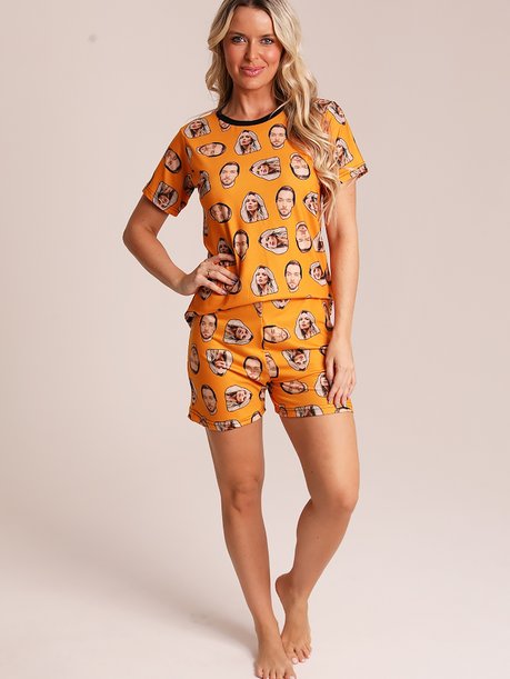 13 pijama casal personalizado com foto curto laranja