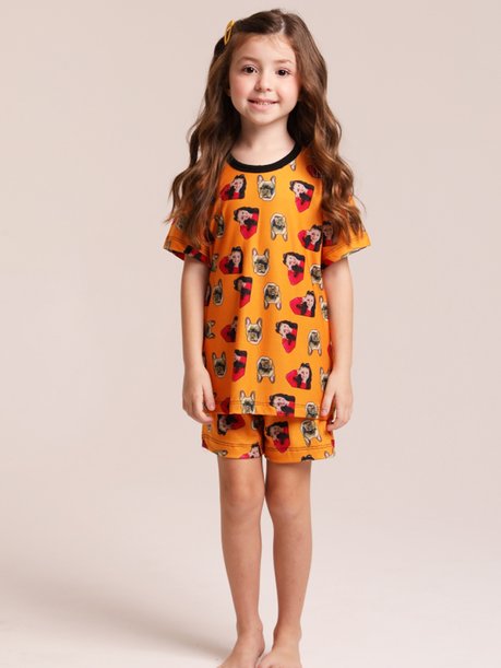 27 pijama casal personalizado com foto curto laranja