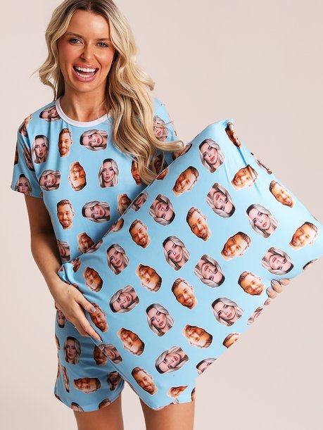 01 pijama personalizado feminino curto fronha tapa olho meia azul bebe m