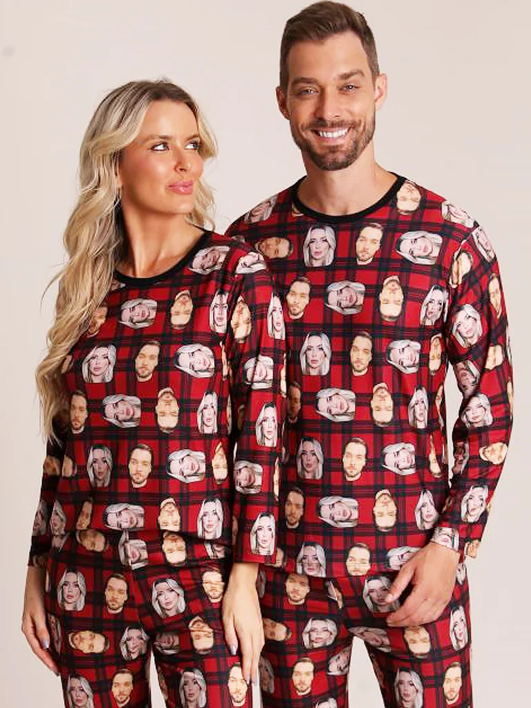 Pijama Casal Personalizado Com Foto Inverno Xadrez Red