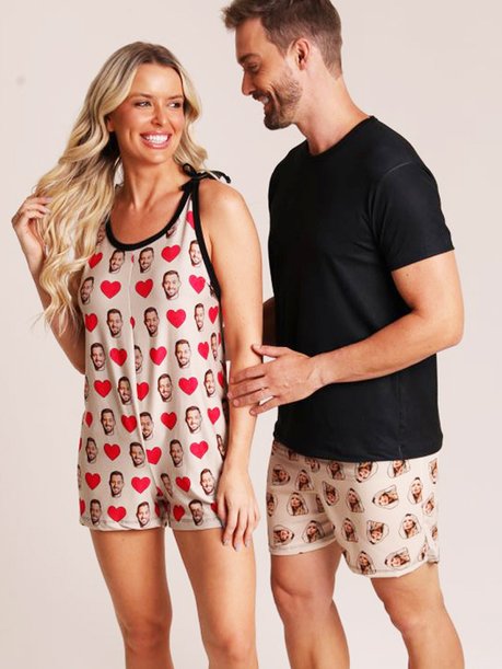 03 kit casal macacao short masculino personalizado bege