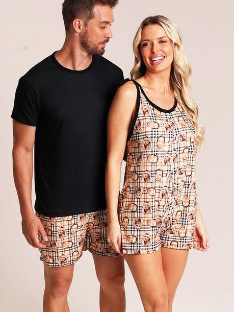 04 kit casal macacao short masculino personalizado xadrez