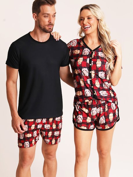 02 kit casal feminino botoes short masculino personalizado xadrez red