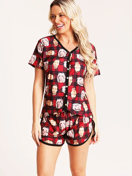 08 kit casal feminino botoes short masculino personalizado xadrez red