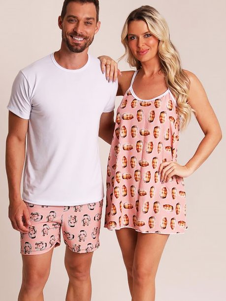 03 kit casal camisola short masculino personalizado salmao