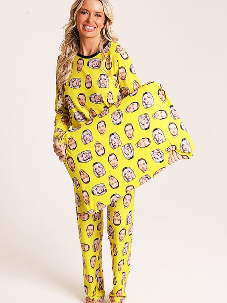 07 pijama personalizado feminino longo fronha tapa olho meia amarelo