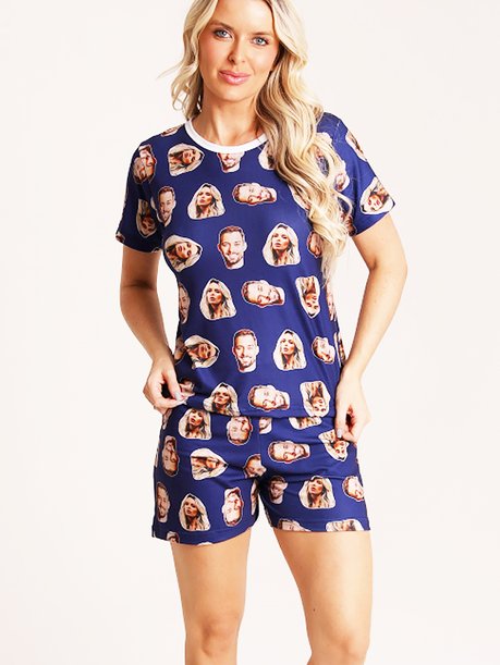 03 kit feminino pijama curto fronha tapa olho meia azul marinho