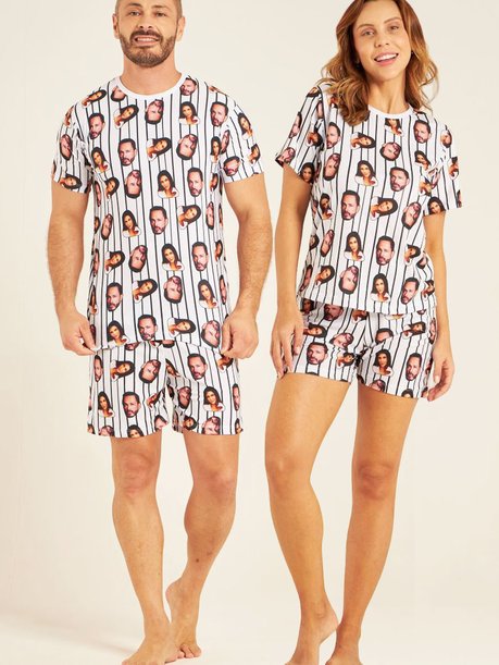 02 pijama casal personalizado com foto curto listras pretas