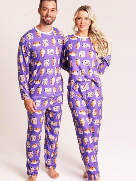 01 pijama casal personalizado com foto inverno roxo