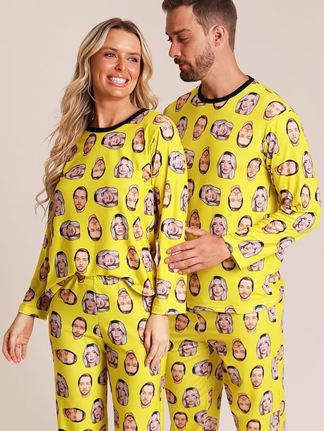 01 pijama casal personalizado com foto inverno amarelo