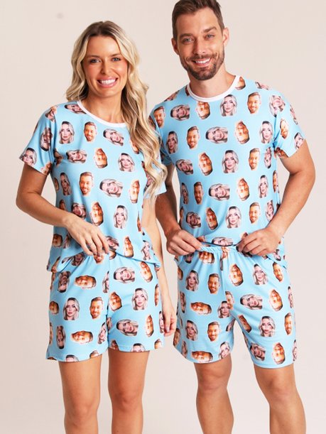 08 pijama casal personalizado com foto curto azul bebe