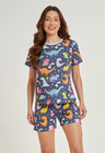 04 divertido pijama feminino curto dinossauro