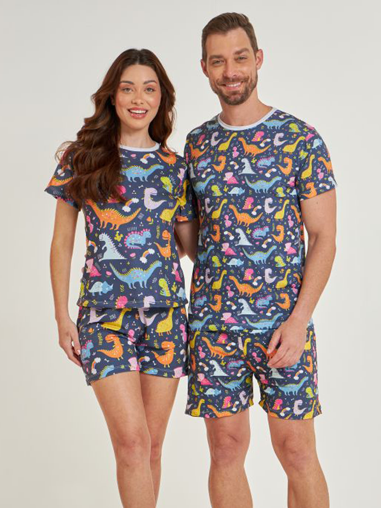 01 divertido pijama casal curto dinossauro