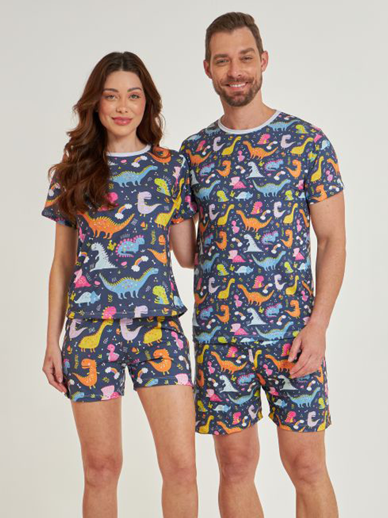 04 divertido pijama casal curto dinossauro