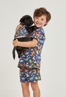 01 divertido pijama infantil curto e roupa pet dinossauro