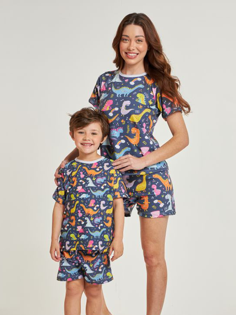02 divertido tal mae tal filha o pijama feminino curto e infantil dinossauro