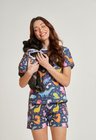 02 divertido tal mae tal pet pijama feminino curto e roupa pet dinossauro