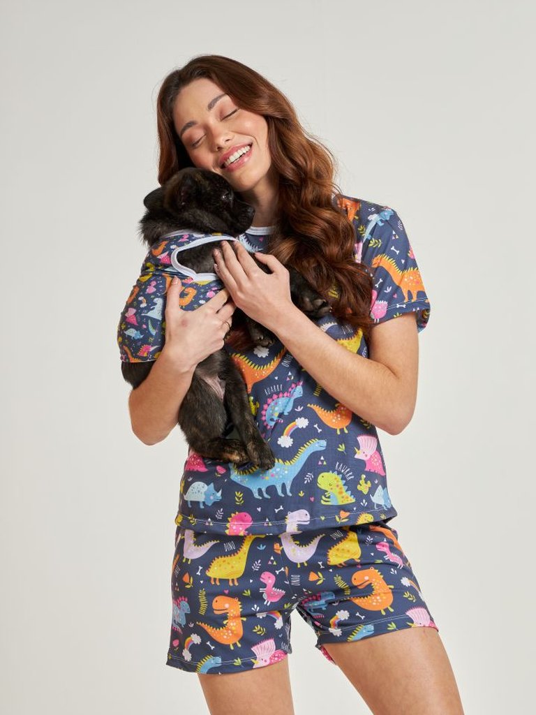 03 divertido tal mae tal pet pijama feminino curto e roupa pet dinossauro