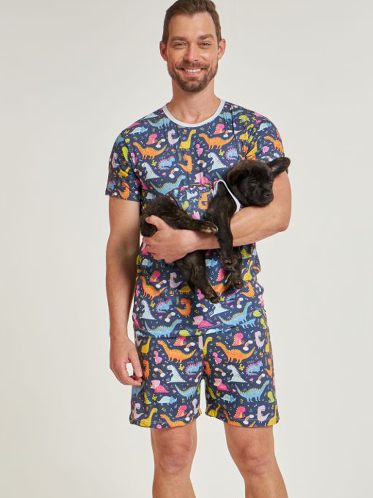 01 divertido tal pai tal pet pijama masculino curto e roupa pet dinossauro